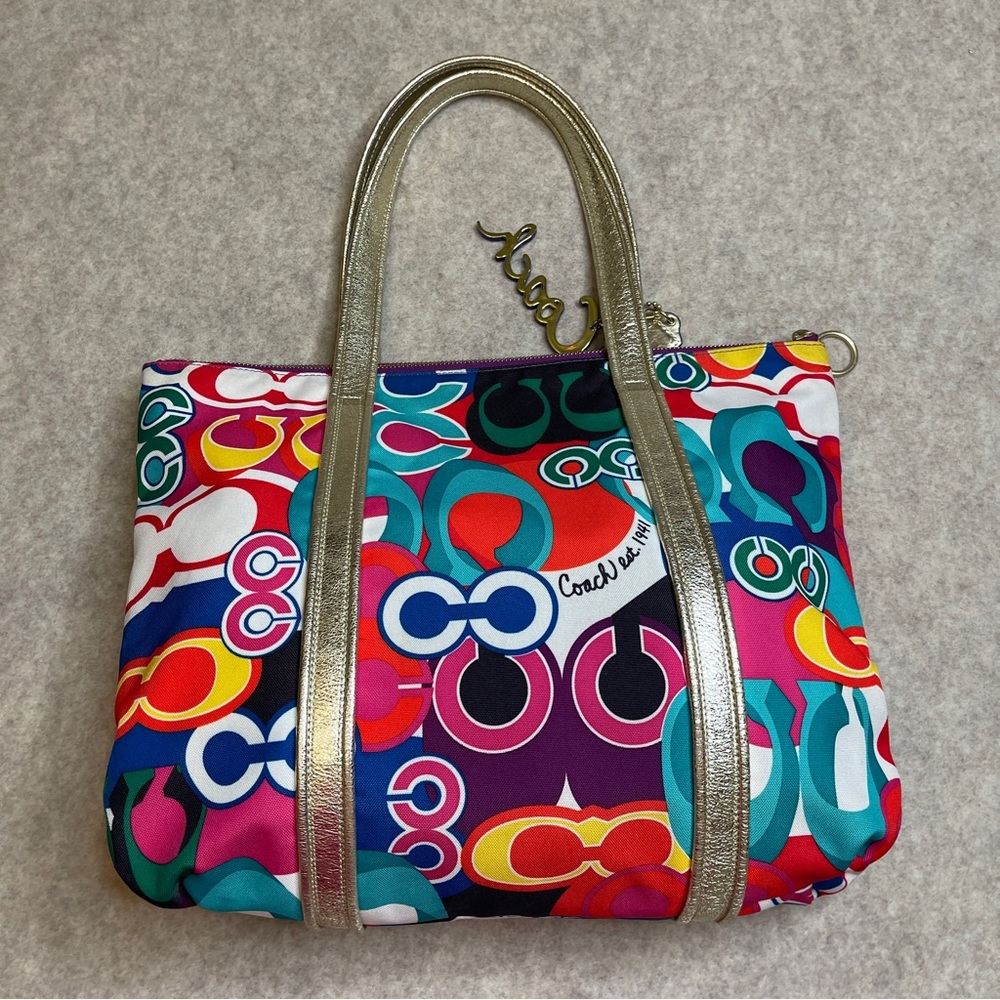 Coach Poppy Glam Graffiti Y2K Gold Metallic Multicolor Zip Tote Bag - Picture 5 of 17